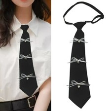 Stylish Pre Tied Tie Adjustable Strap For Women Cute Bows Accent Black Necktie