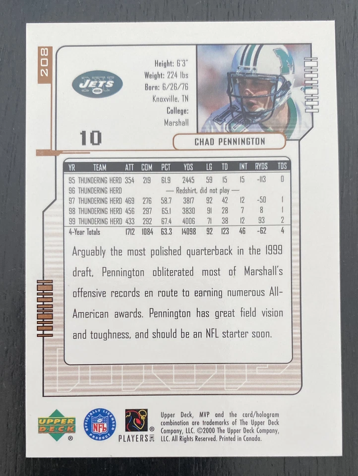 2000 Upper Deck MVP #208 Chad Pennington RC Rookie Card - Image 2 of 2