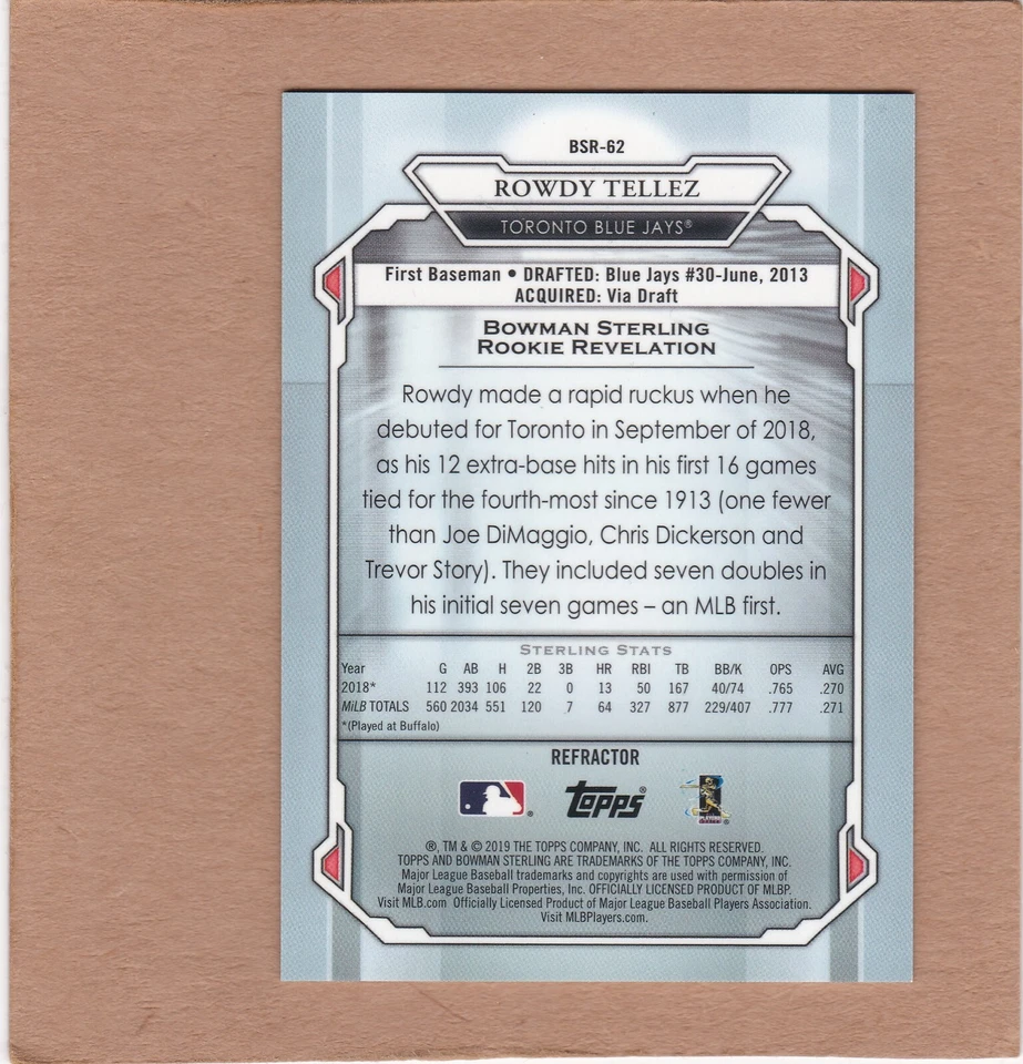 2019 Bowman Sterling Rookie Refractor 119/199 Rowdy Tellez #BSR-62 Rookie RC NM+ - Image 2 of 2