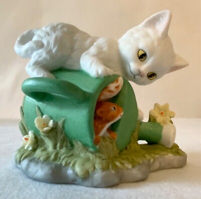 New 1992 Porcelain  Hide  n Seek  Cat, Squirrel & Watering Can Figurine