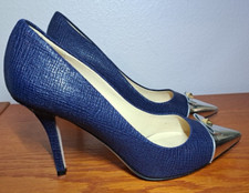 Kate Spade PALOMA Blue Leather Heels Shoes Size 9 Silver Tip Gold Pyramid ITALY