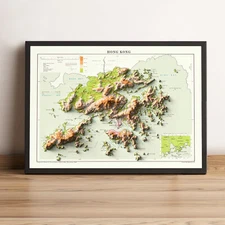 Hong Kong Map, Hong Kong 2D Relief Map, Hong Kong Vintage Map - 2D Flat