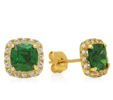 14k Yellow Gold Cushion Halo May Emerald Push Back Stud CZ Earrings Birthstone