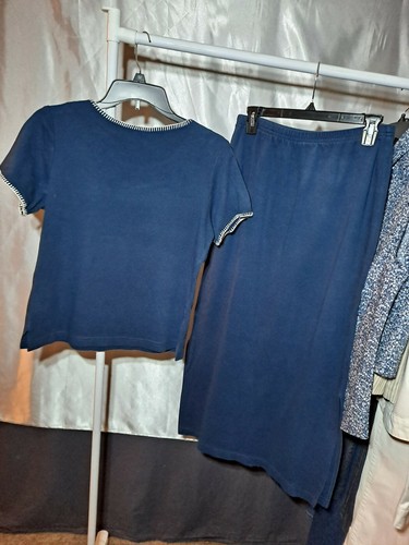 Women Cotton Navy Two Piece Short Sleeve Top & Matching Maxi Skirt w/Side Slits - Picture 4 of 7