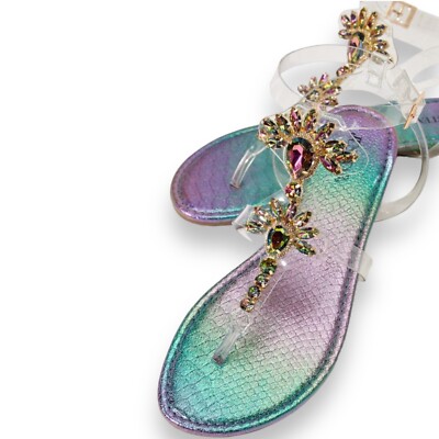Justfab Sandals WMNS Floral Jeweled Iridescent Ankle Strap Clear