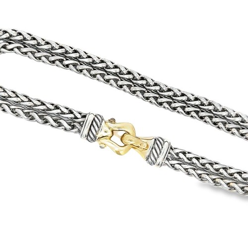 David Yurman Silver & 14K Gold Double Wheat Link Necklace w/ Garnet Buckle Clasp - Picture 5 of 5