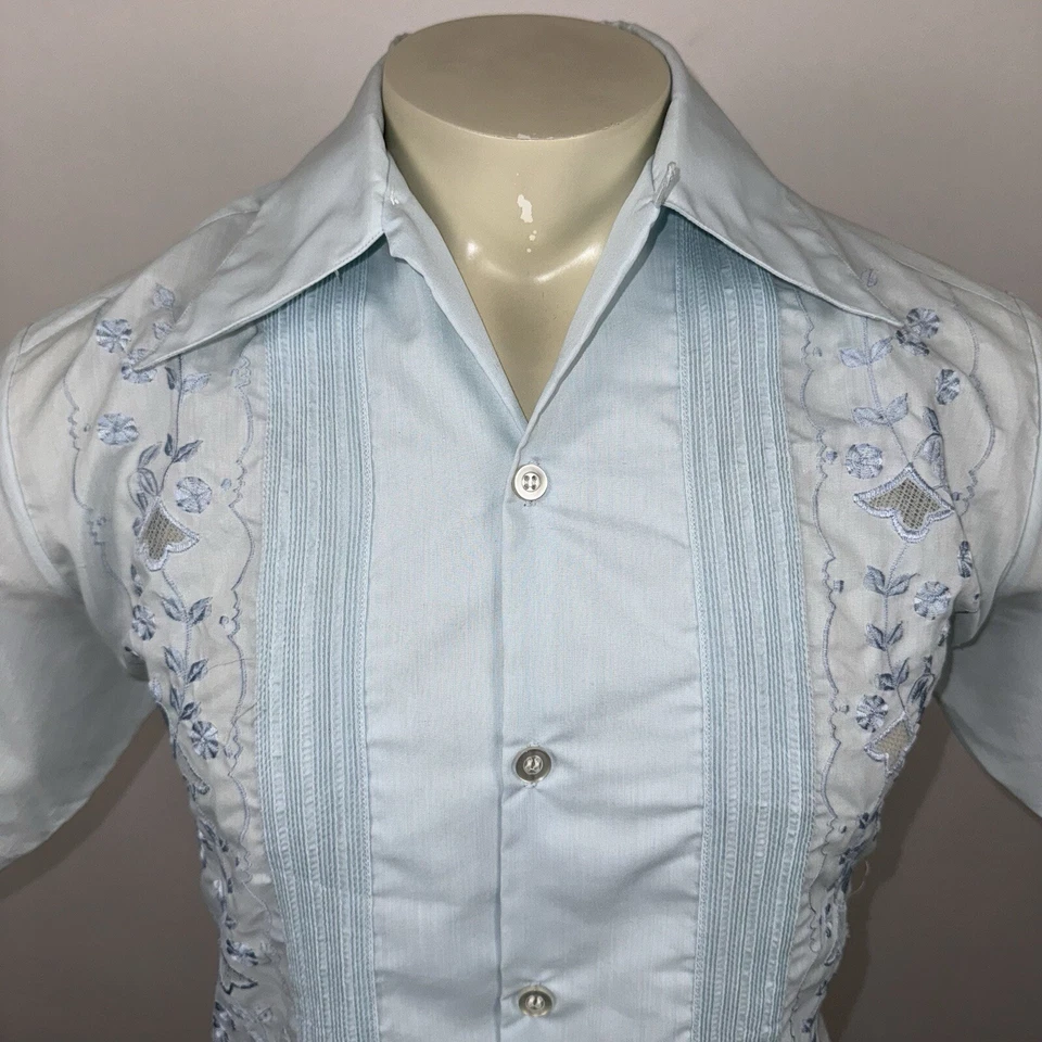 Vtg 60s 70s Guayabera Shirt Mens Loop Collar Embroidery Rat Pack Wedding Medium - Image 4 of 4