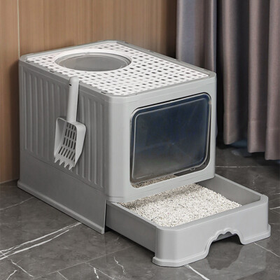 Grey Large Cat Litter Box Hooded Litter Tray Drawer Anti-Splashing