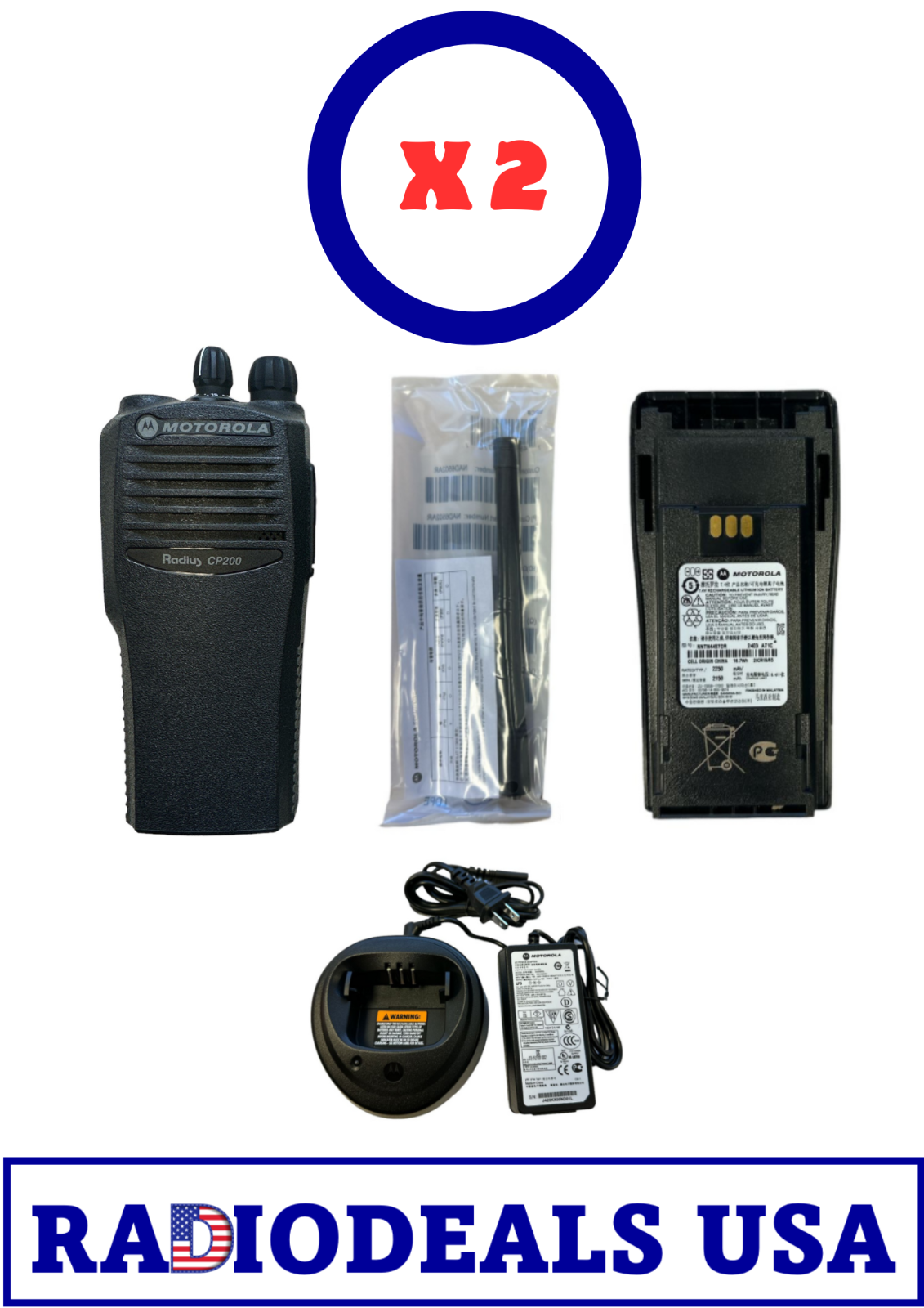 モトローラ CP200 VHF ラジオ AAH50KDC9AA2AN、アンテナ、バッテリー、充電器 + PSU - 2 PC