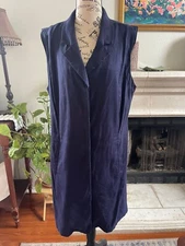 HALSTON H Shirt Dress 14 Navy Blue Stretch Linen Collared