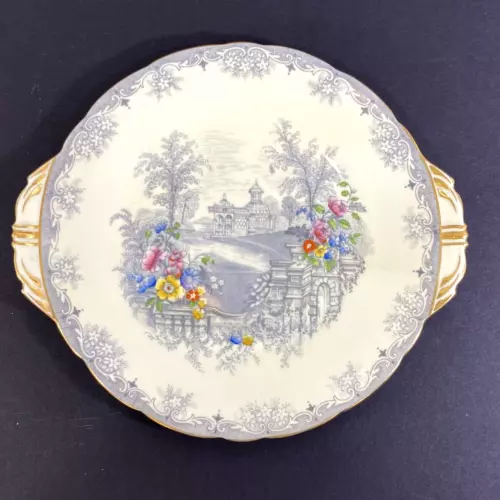 AYNSLEY Queens Garden Cake Sandwich Serving Plate Handles Ivory Painted B5090