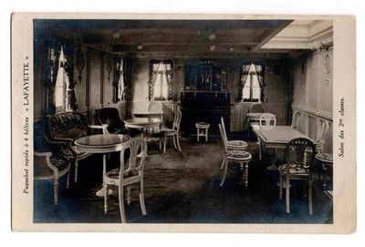 SS Lafayette French Line Ocean Liner 2nd Class Salon Interior RPPC Postcard