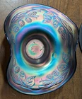 Antique  Fenton Blown Cobalt Iridescent Carnival Ruffled Pedestal Glass Bowl