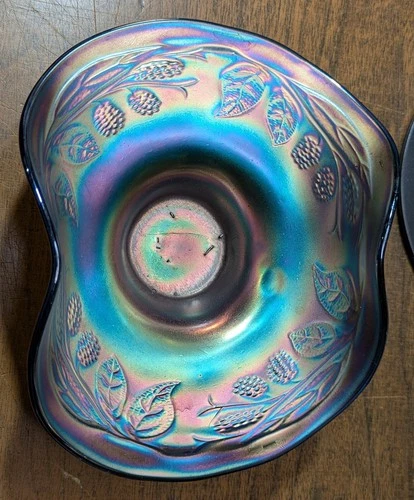 Antique  Fenton Blown Cobalt Iridescent Carnival Ruffled Pedestal Glass Bowl