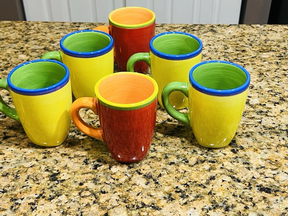 Dansk Handpainted Stoneware Mugs Set of 6 Colorful Mix 4.75” Bright Glossy - Image 4 of 4