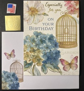 Blue Hydrangea & Sulfur Butterfly w/Gold Birdcage BIRTHDAY Card w/Env/Seal/Stamp