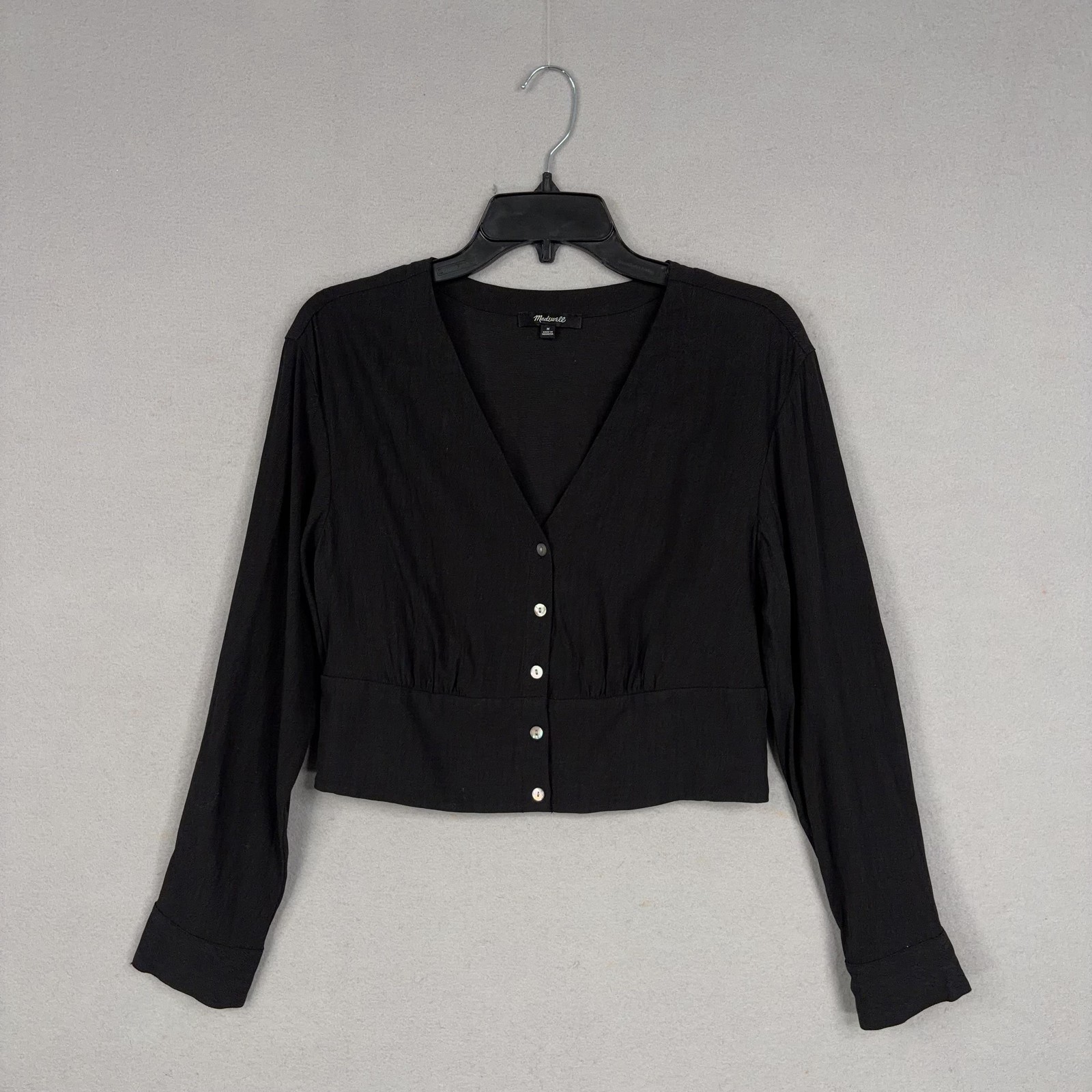 Madewell Shirt Womens Medium Black V Neck Long Sleeve Cropped Blouse Top