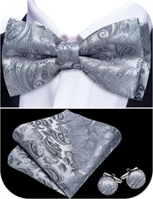 Paisley Striped Bow Tie for Men Silk Pre-Tied Bowtie Pocket Square Cufflinks Set