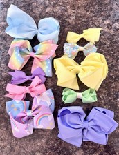 Set of 10 Multicolor Fabric Hair Bows for Girls, Floral, Rainbow, Stars
