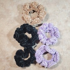 Lot 5 Handmade Crochet Velvet Scrunchies Hair Ties Black Lilac Beige 3 Sparkle 