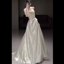 Strapless Bride Satin A-line Wedding Dress White Simple Sleeveless Floor Length