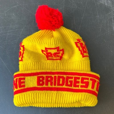Vintage Bridgestone Beanie Hat Yellow Red Pom Pom Knit Winter Ski
