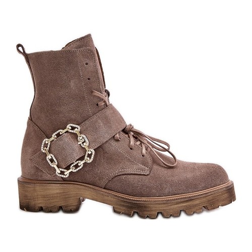Zazoo 2951 Suede Ankle Boots With Decorative Buckle Dark Beige