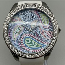Guess Womens Watch 45mm Paisley Dial White Silicone Crystals U1066L1 New Battery