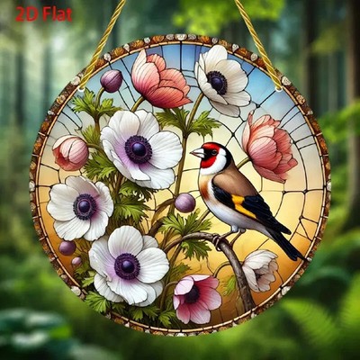 Goldfink Vogel Anemone Blumen Sonnenfänger Buntglasoptik Wohndeko Geschenk