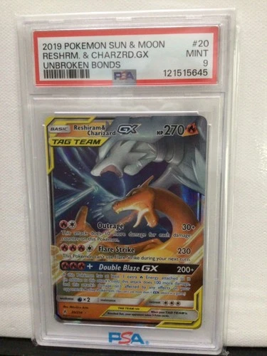 2019 POKEMON SUN & MOON UNBROKEN BONDS RESHIRAM & CHARIZARD GX #20 PSA 9