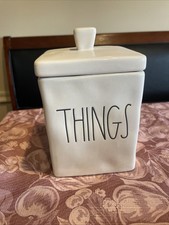RAE DUNN Square THINGS Ivory Ceramic Canister Bathroom/Office Organizer NEW