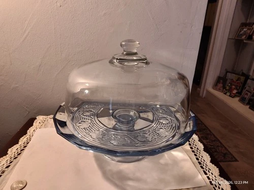 Anchor Hocking Avalon Blue Rare Pansies Pedestal Cake Stand and Cover Lid