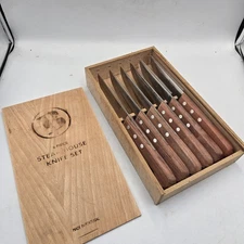 6-Brookstone Steak Knives Wood Grain Handle Stainless Steel Portugal 