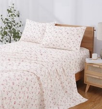 Queen Sheet Set Ivory Pink Roses - Extra Soft Deep Pocket 16" Mattress 4pc