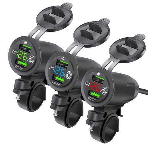 Motorcycle Handlebar USB QC3.0 Charger Socket 12V+Voltmeter w/Switch & Mount - Picture 2 of 12