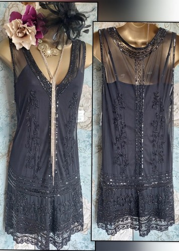 Nuovo mini abito Ann Summers nero con perline anni 20 deco flapper Gatsby sera pizzo 12 - Foto 1 di 14