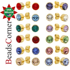 Stainless Steel Gold finish Birthstone Stud Earrings simulated Zircon 2PC