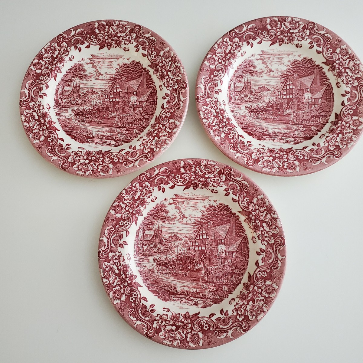 3 Staffordshire Engravings 17th Century Red Salad Plates 7 7/8