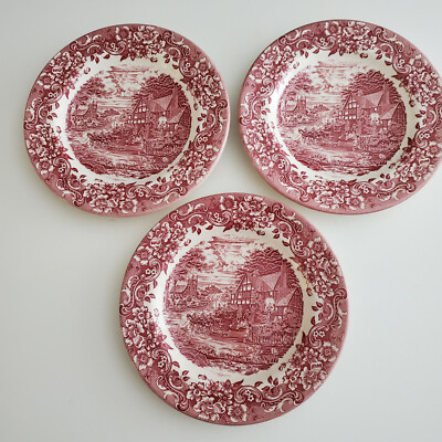 3 Staffordshire Engravings 17th Century Red Salad Plates 7 7/8