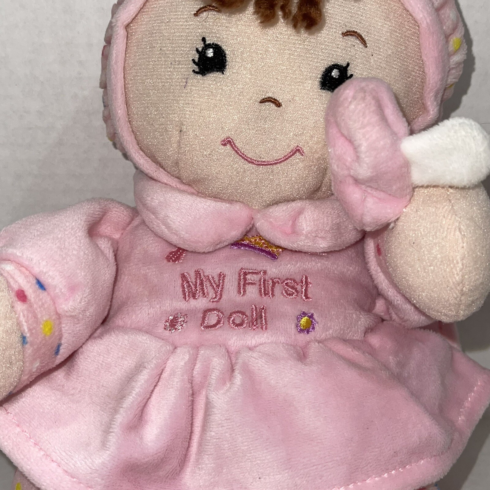 My First Doll Hugfun International  Brown Hair Pink Polka Dot Outfit Plush Baby