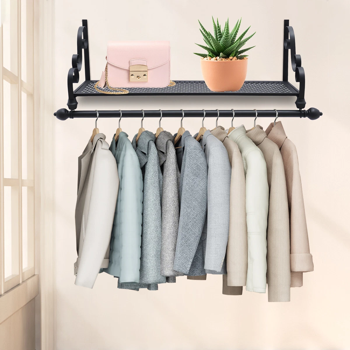 Wall Mounted Clothes Storage Shelf Closet Organizer Bedroom Coat Hanging  Rack