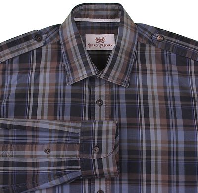 RECENT Hickey Freeman Muted Brown Blue Gray Plaid Check Epaulet Casual Shirt M