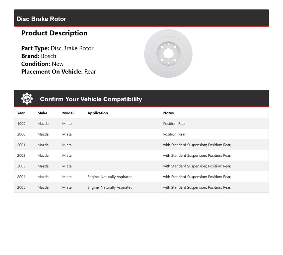 Para 1999-2005 Mazda Miata Bosch QuietCast rotor de freio a disco traseiro 2000 2001 2002 - Imagem 2 de 4