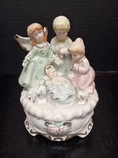 Vintage Nativity Holy Family  Angel Lamb  Ceramic Holiday Music Box 