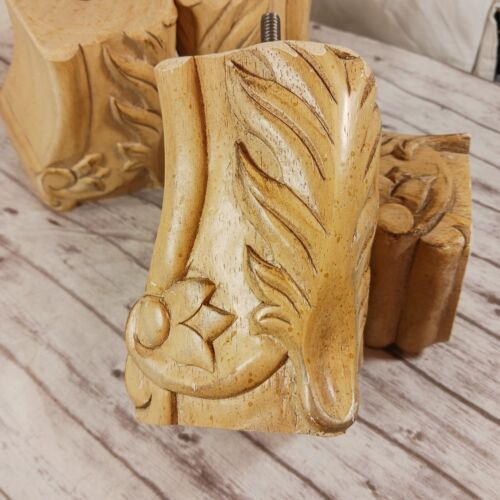 VTG Carved Block Wood Finished Blonde 4 Furniture Legs Screw On Floral/Palm 5" - Picture 6 of 9