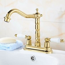 Polished Gold Brass Dual Handle Swivel Spout Kitchen Sink Bathroom Mixer Faucet