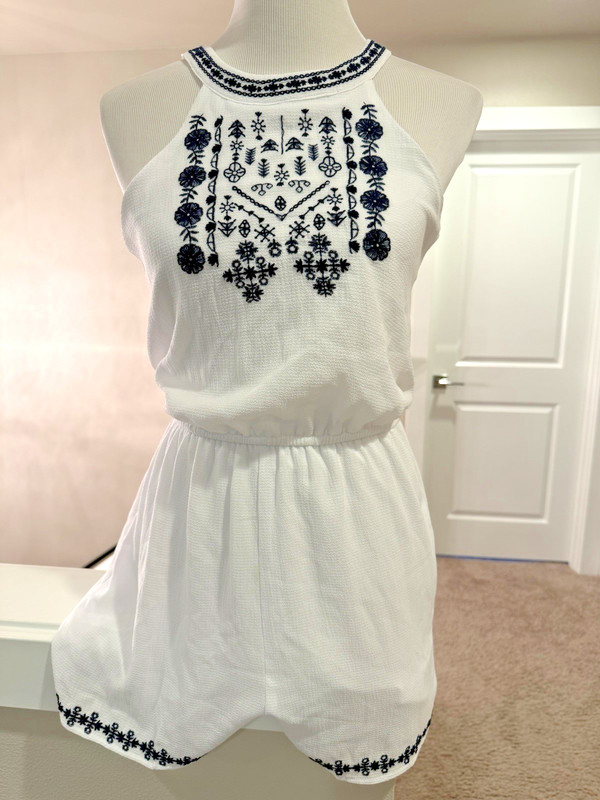Women's Three Pink Hearts White & Navy Short Romper ~ Size XS