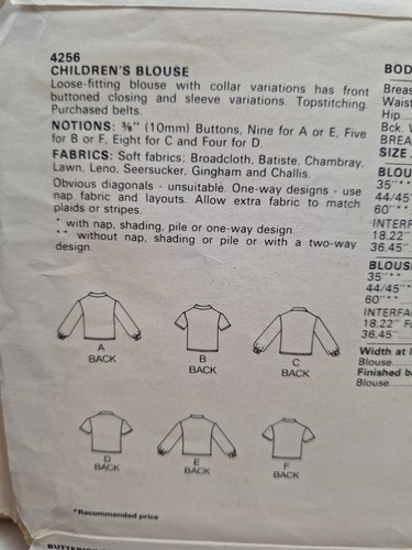 Shirt Top Girls 3 3T Butterick 4256 Sewing Pattern VTG Button Front Collared Cut - Picture 6 of 6