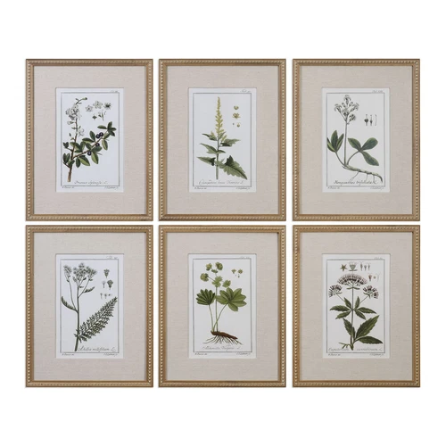 Vintage Style Leaf Berry Flower 6 pc Wall Art Set | Beaded Gold Frame Botanical - Picture 1 of 2