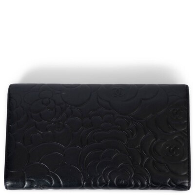 69626 auth CHANEL black leather CAMELLIA EMBOSSED Large Wallet | eBay